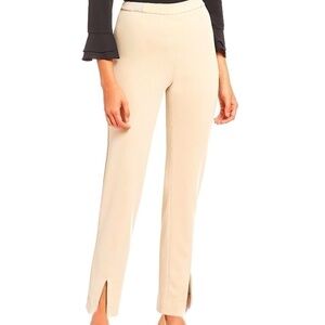 EUC H by Halston Pull On Curved Side Split Cream Pants Trousers Size Small